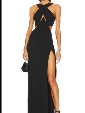 DUNDAS Black Cross-Front Cutout Maxi Dress with High Slit